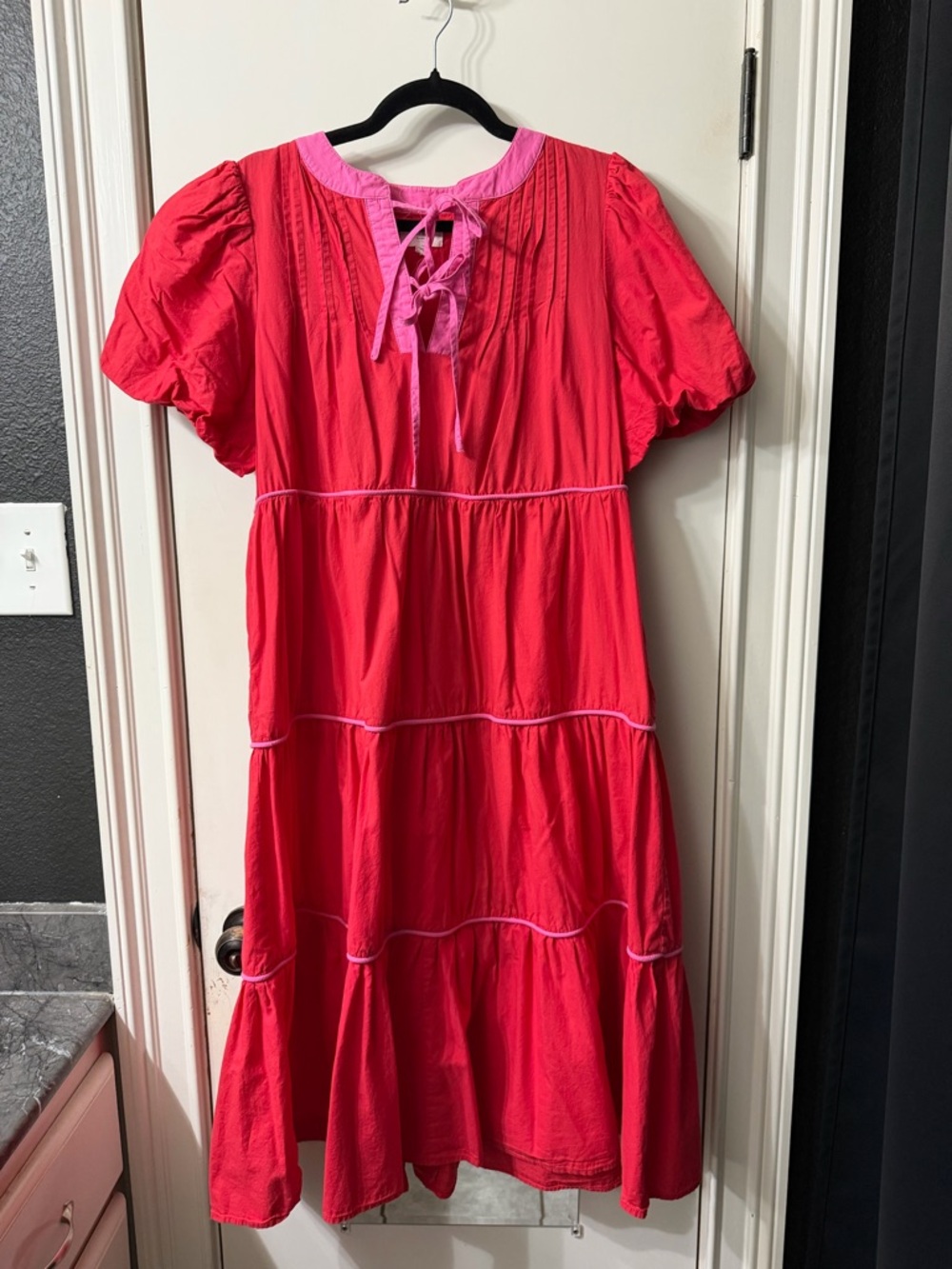 Red and pink tiered maxi dress